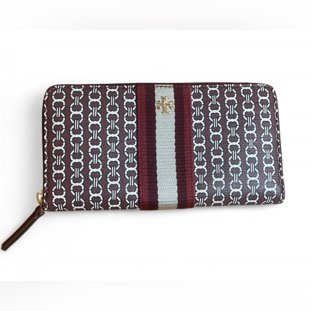 Tory Burch Gemini Link Canvas Zip Continental Wallet Royal Burgundy Retail $188